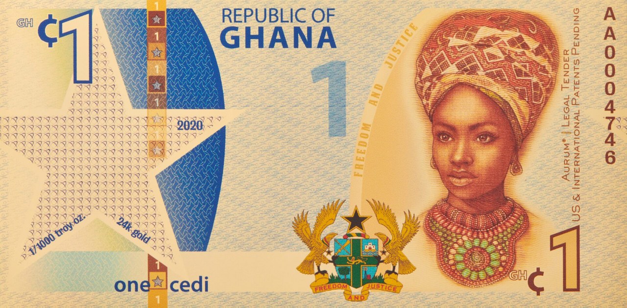 Gold backed legal tender 1 cedi republic of ghana 100mg 24k gold aurum freedom bill front side
