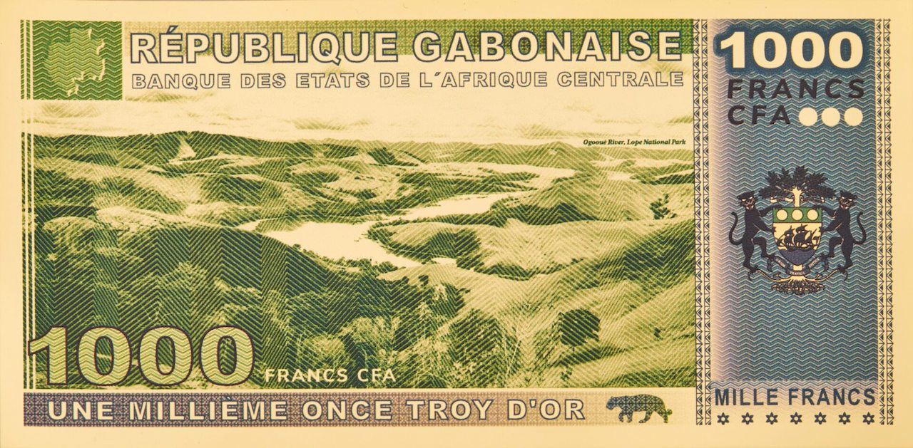 Gold backed legal tender 1000 francs cfa republic of Gabon 100mg 24k gold aurum elephant bill back side