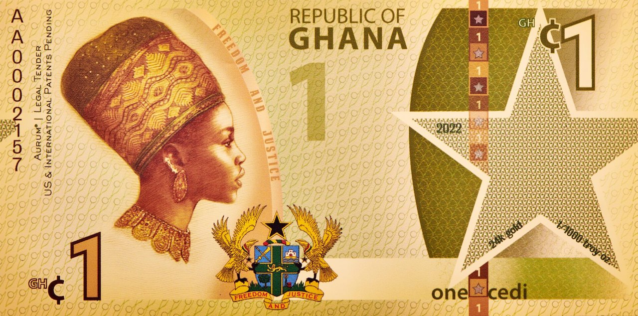 Gold backed legal tender 1 cedi republic of ghana 100mg 24k gold aurum justice bill front side