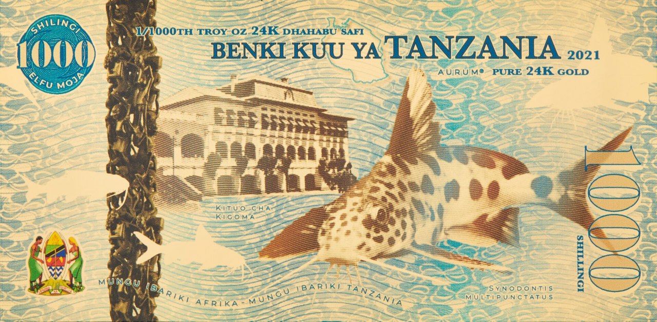 Gold backed legal tender 1000 shillings bank of tanzania 100mg 24k gold aurum kitou cha kigoma bill front side