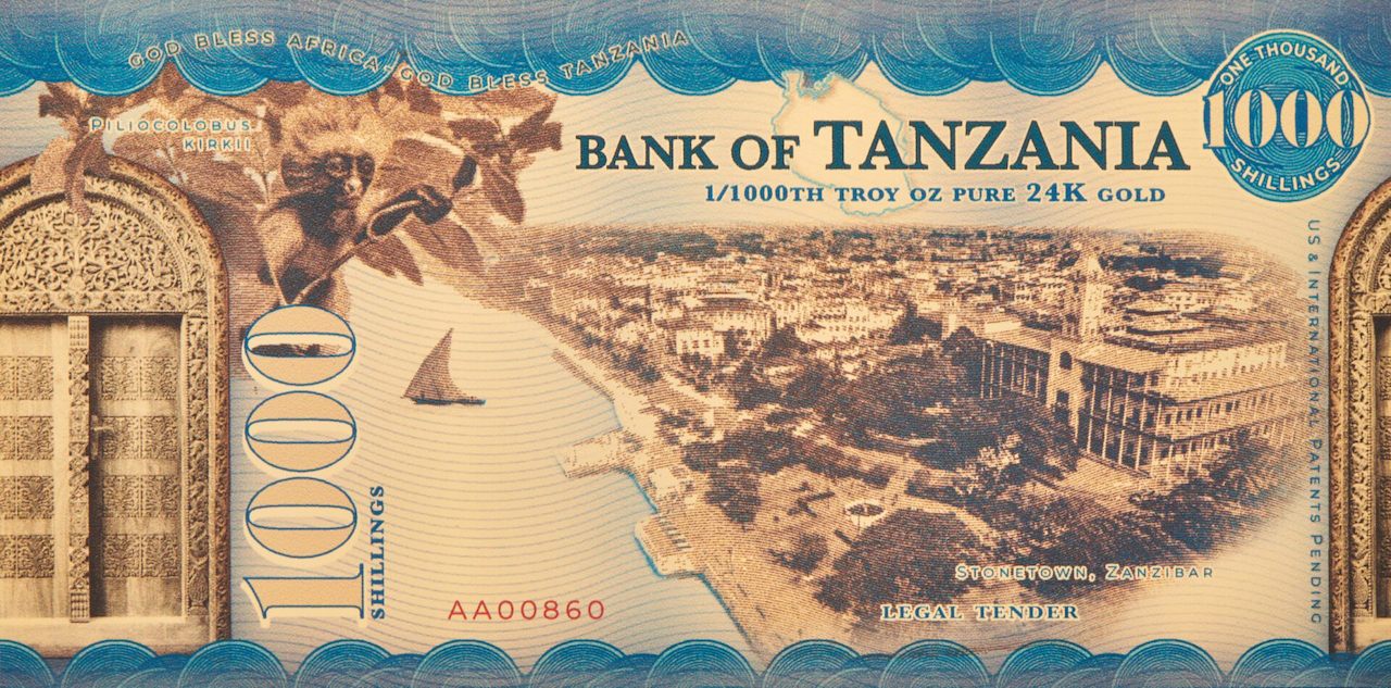 Gold backed legal tender 1000 shillings bank of tanzania 100mg 24k gold aurum kitou cha kigoma bill back side