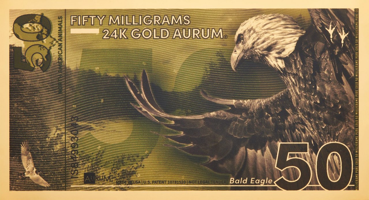 the 50mg 24k gold north american bald eagle gold bill shown obverse side