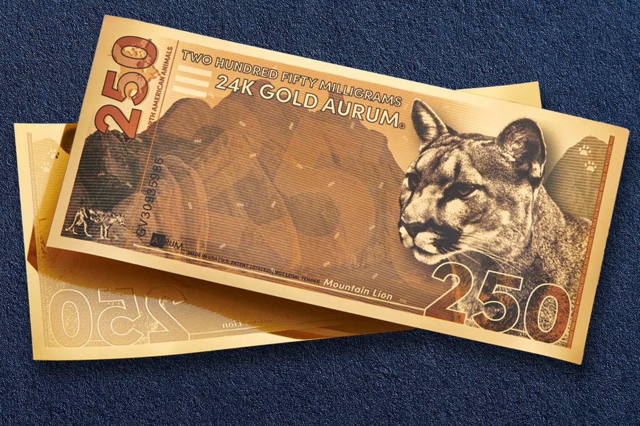 250mg 24k gold north american mountain lion aurum gold bills shown obverse over reverse dimensional gold