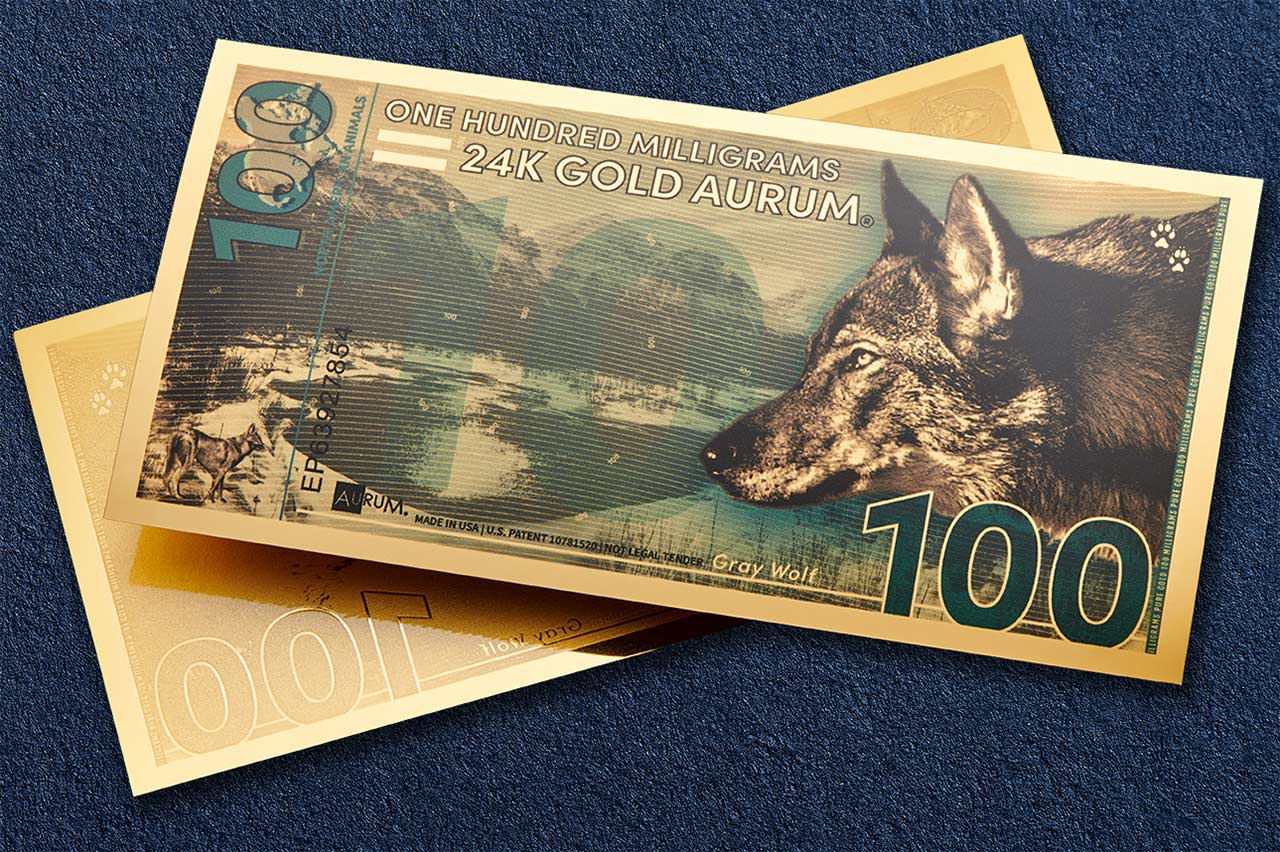 100mg 24k gold north american wolf aurum gold bills shown obverse over reverse dimensional gold