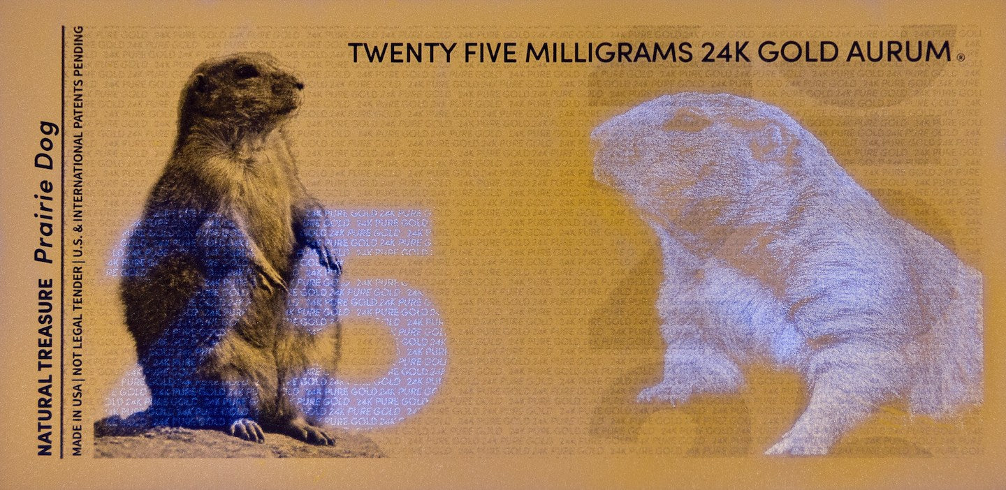 reverse of 25mg gold aurum prairie dog bill showing the uv designs