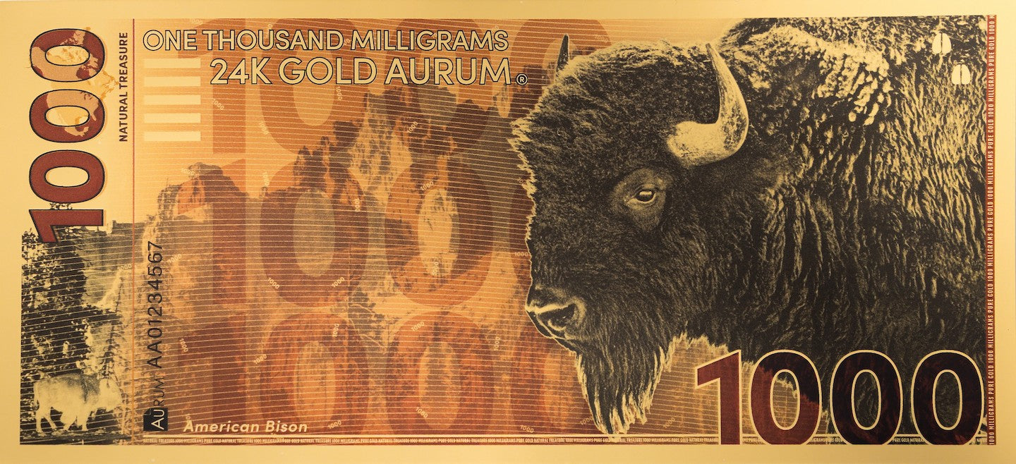 front of 24k 1 gram gold natural treasure bill featuring micro printing serial number and various security features in the design
