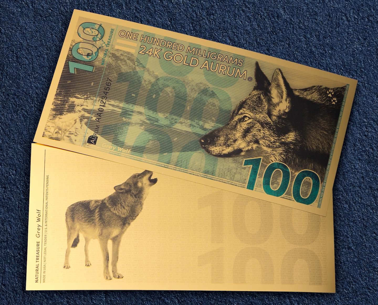 natural treasure bullion series 24k gold bill obverse and reverse of aurum 100mg note