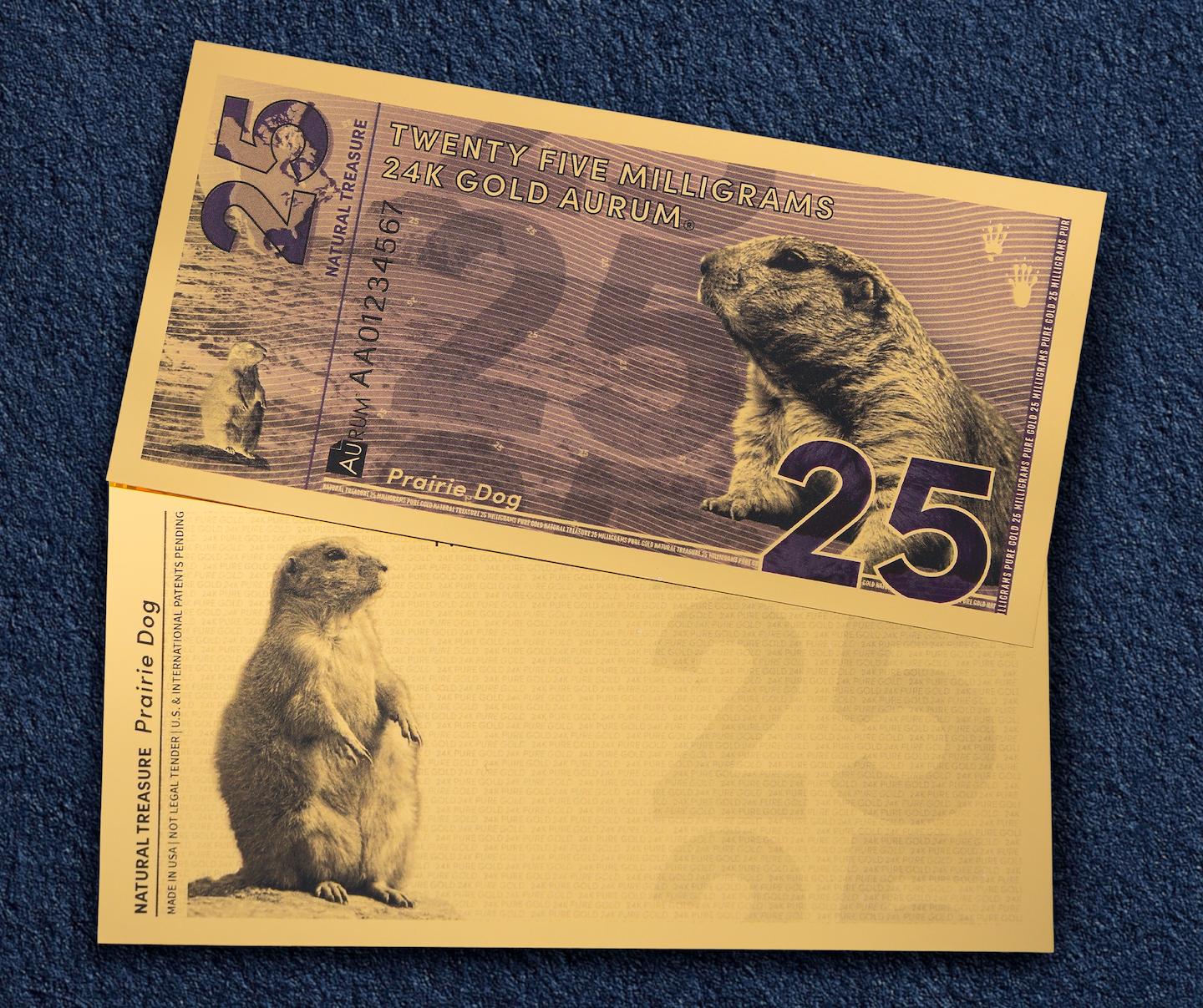 natural treasure bullion series 24k gold bill obverse and reverse of aurum 25mg note