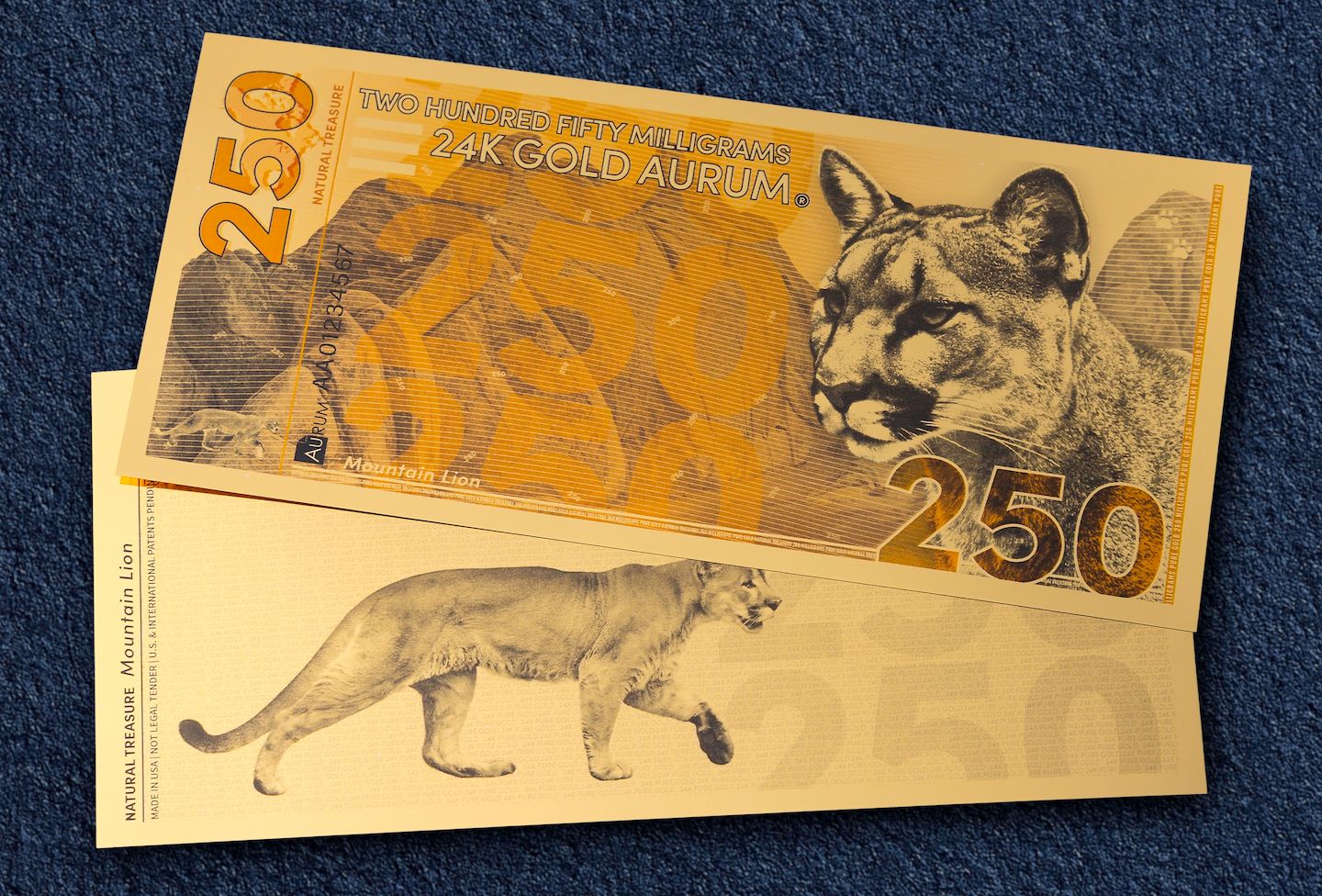 natural treasure bullion series 24k gold bill obverse and reverse of aurum 250mg note