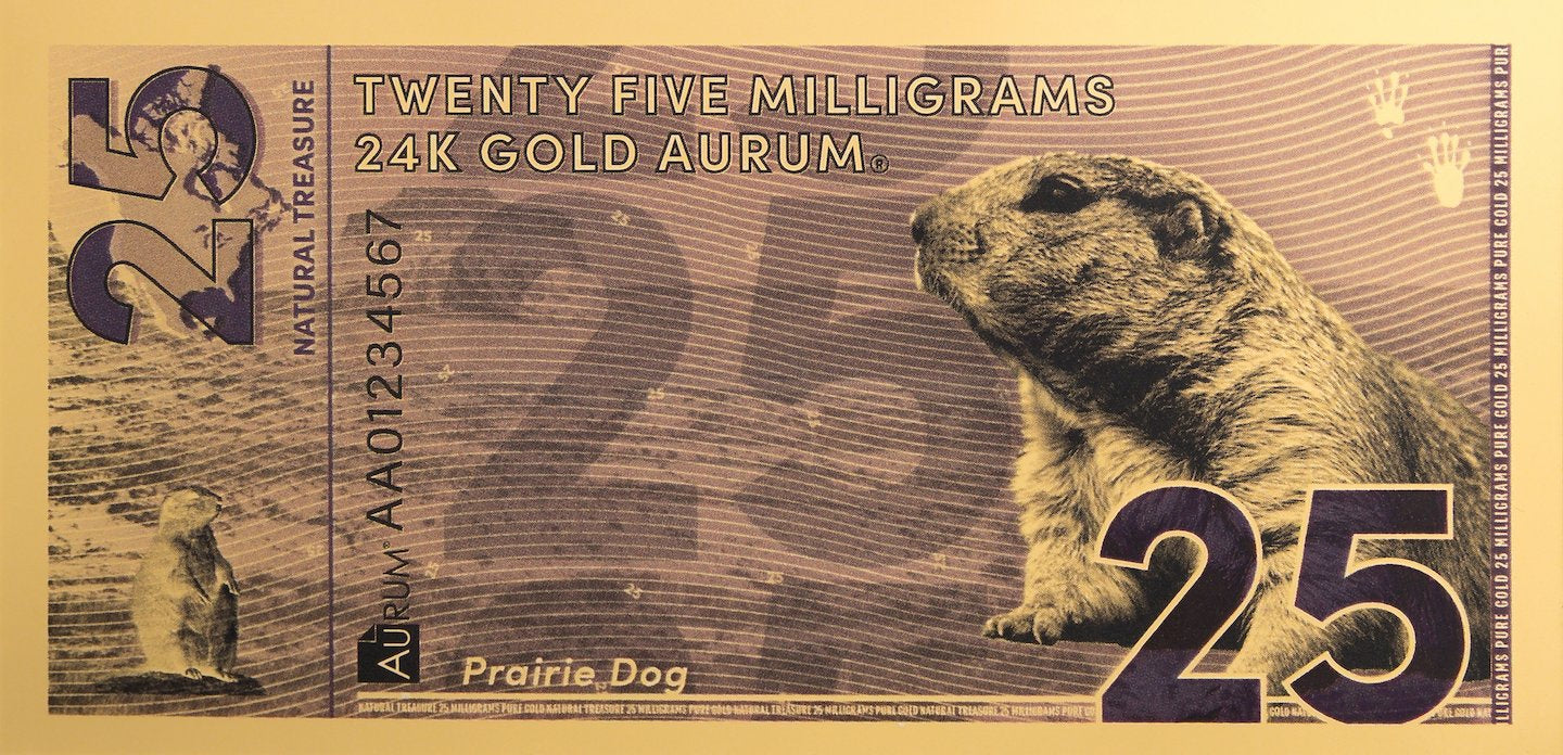 front of 24k 25mg gold natural treasure bill featuring micro printing serial number and various security features in the design
