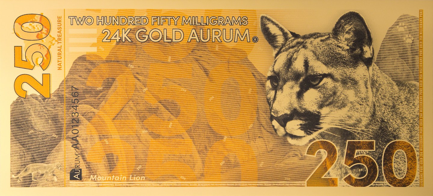 front of 24k 250mg gold natural treasure bill featuring micro printing serial number and various security features in the design