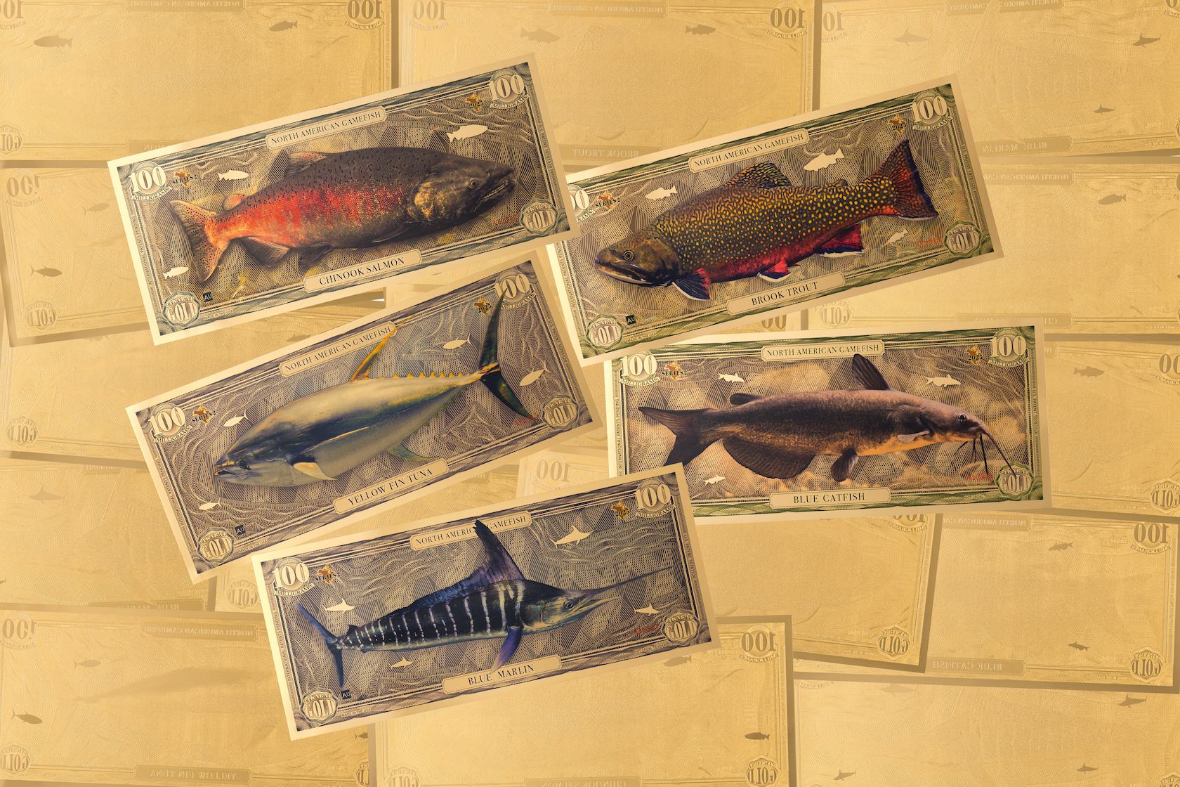 100mg gold notes with illustrations of gamefish as part of the 2025 series shown with a background of 24k gold bills