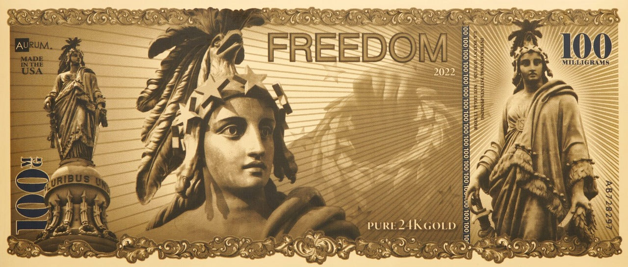 The freedom 100mg 24k gold aurum note made in the usa shown obverse side