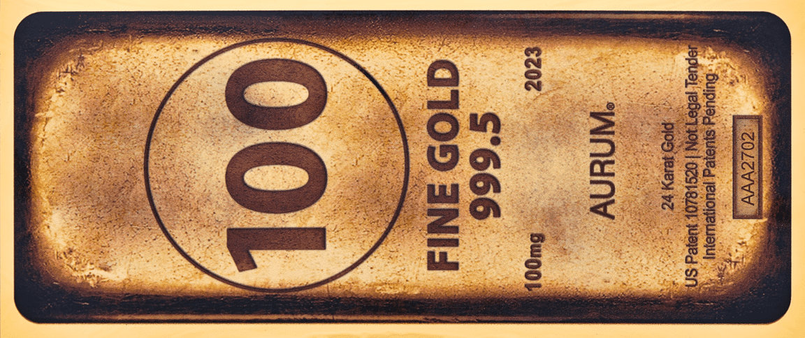 the 100mg 24k gold bar aurum bill shown obverse side