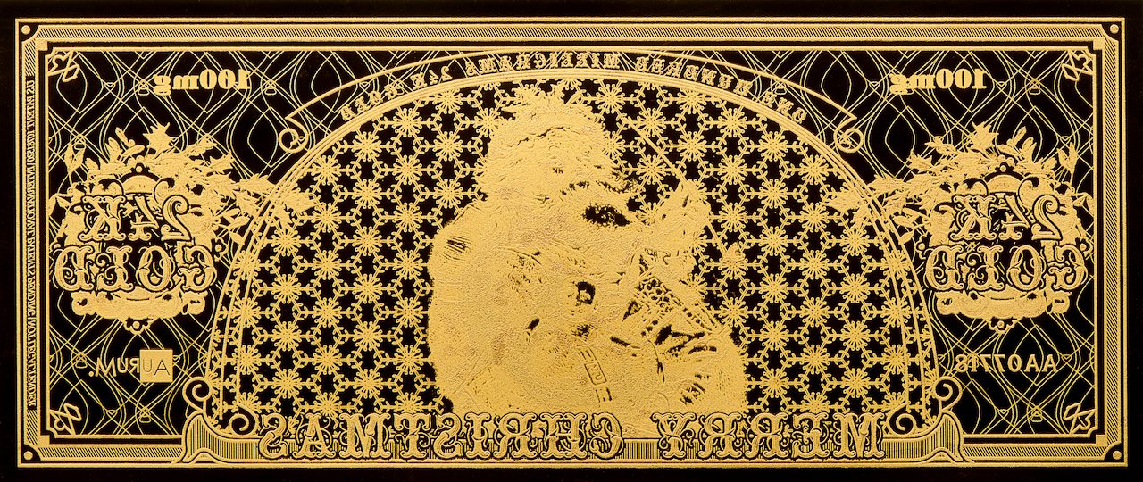 merry christmas vintage design santa bucks 24k gold bill back of aurum showing reverse dimensional gold