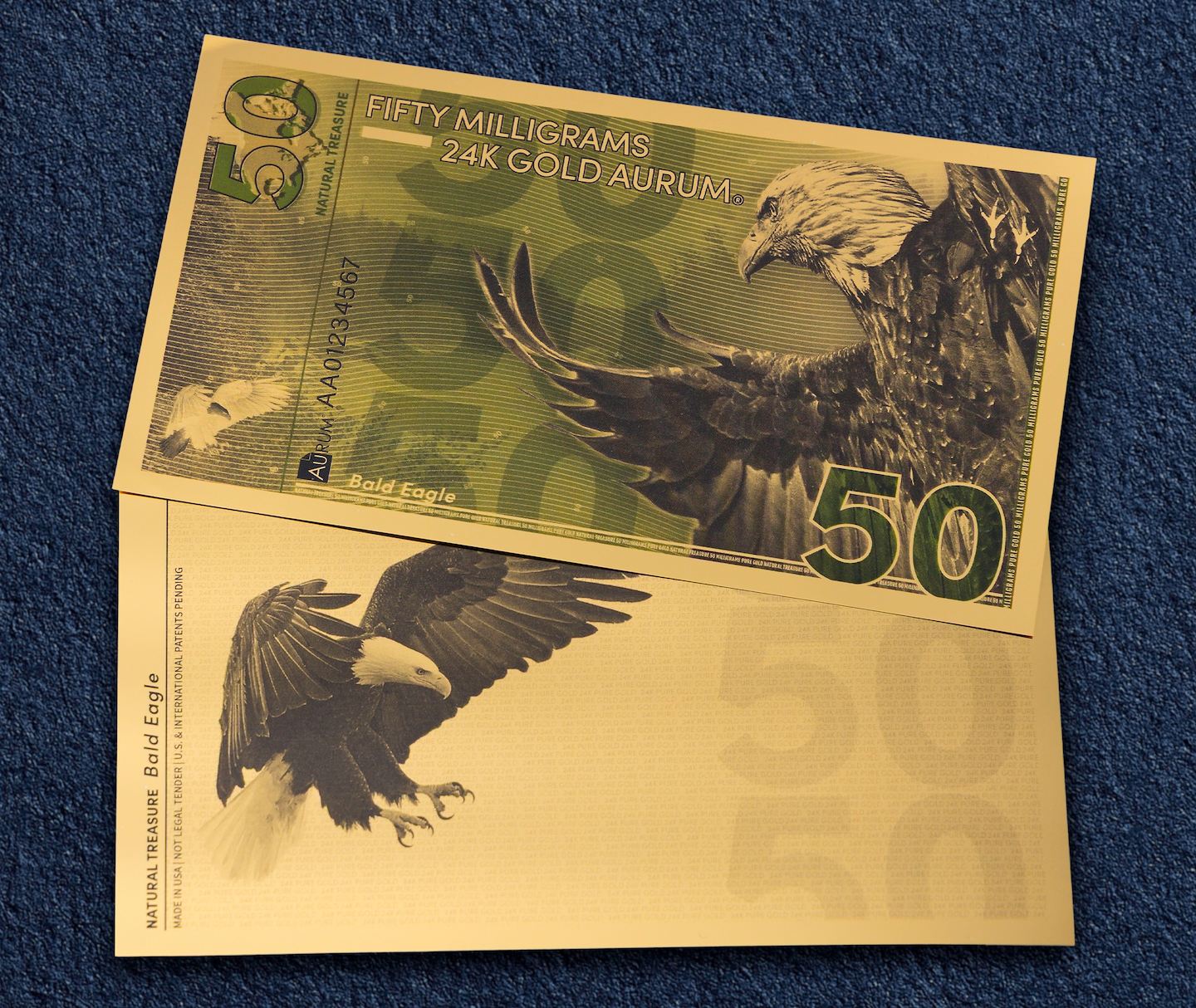 natural treasure bullion series 24k gold bill obverse and reverse of aurum 50mg note