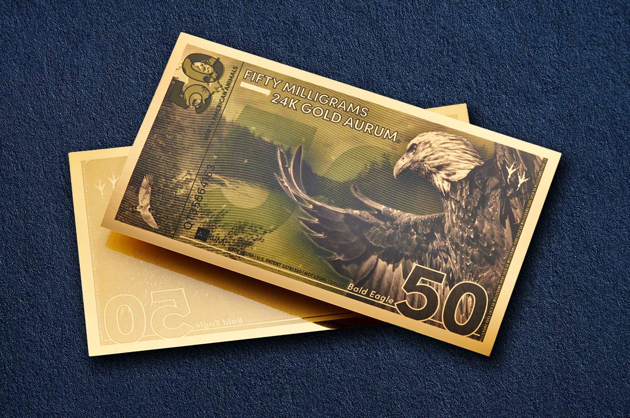 the best 50mg gold bullion product on the market a 24k gold eagle aurum shown with obverse over reverse