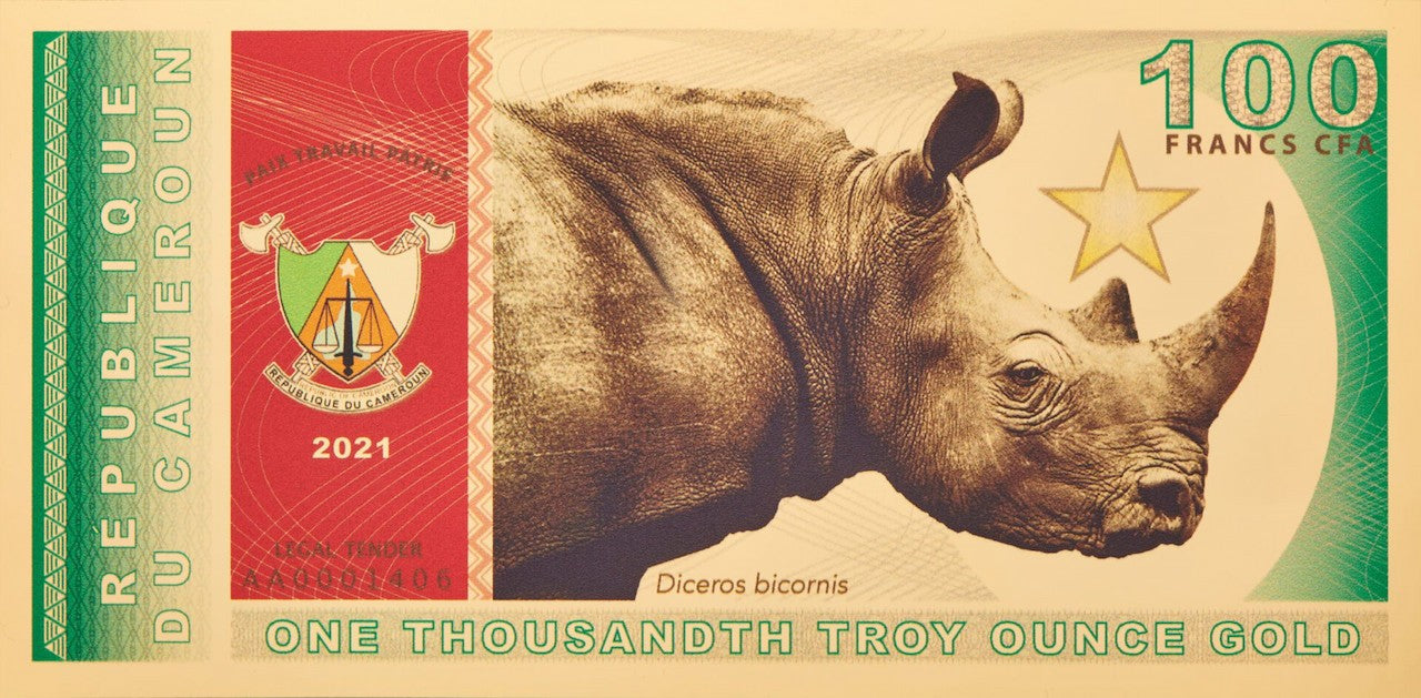 Gold backed legal tender 100 francs cfa republic of cameroon 100mg 24k gold aurum rhino bill front side