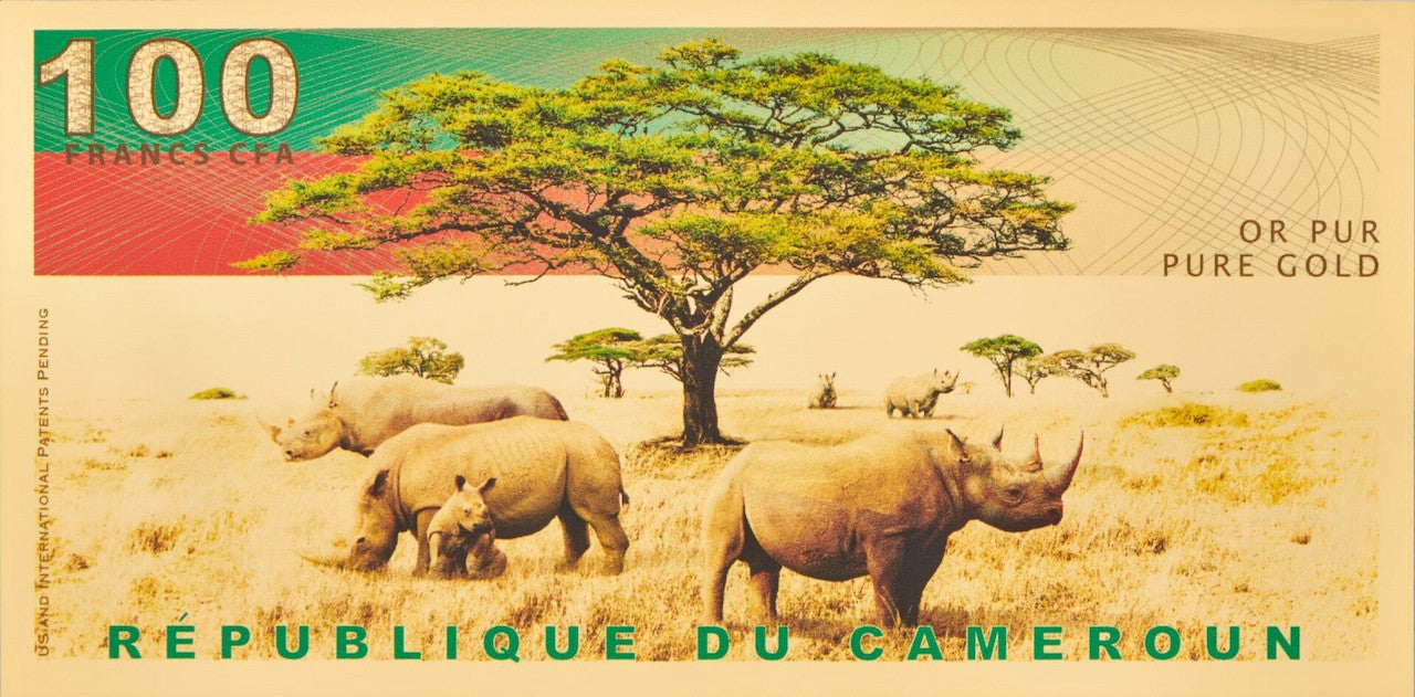 Gold backed legal tender 100 francs cfa republic of cameroon 100mg 24k gold aurum rhino bill back side