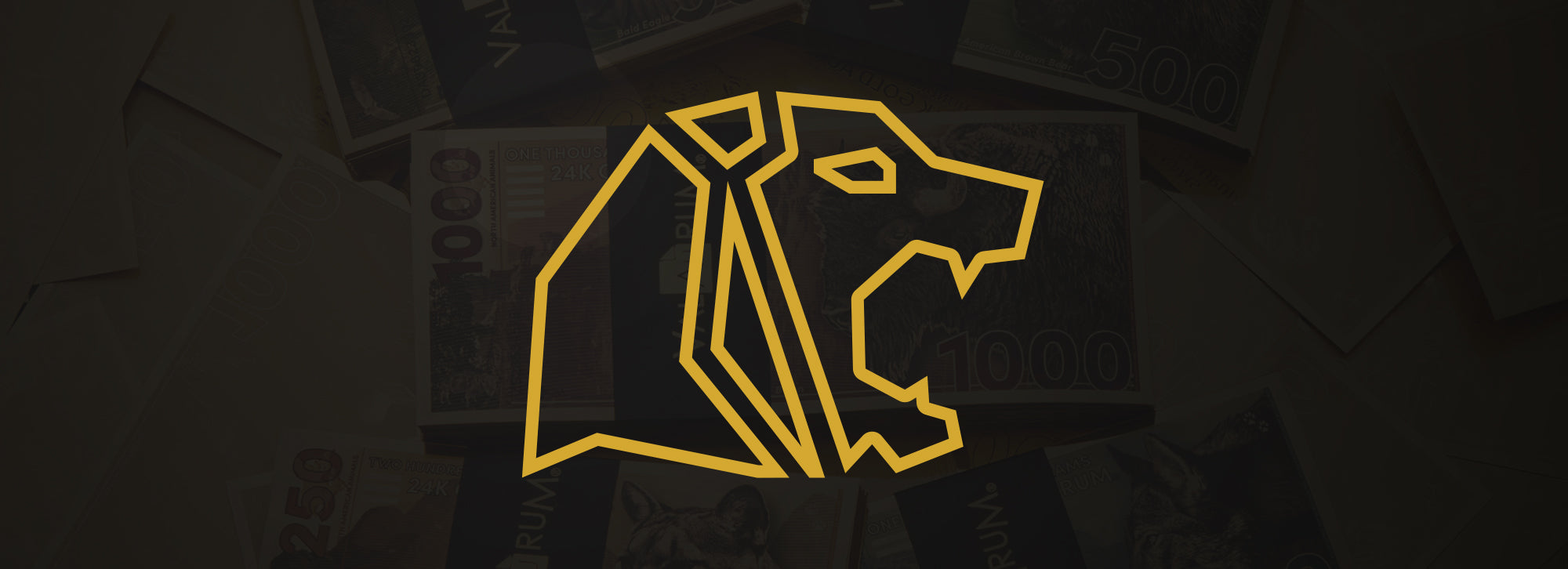 the gold domain lydian lion logo in gold over a background of gold bill stacks
