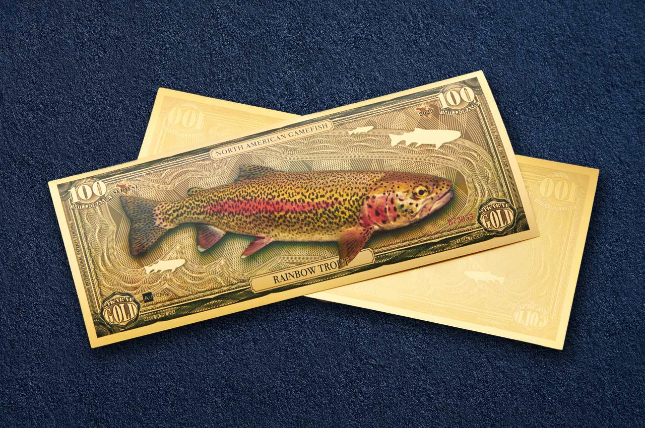 100mg 24k gold collectible gamefish bill depicting the rainbow trout shown obverse over reverse dimensional gold