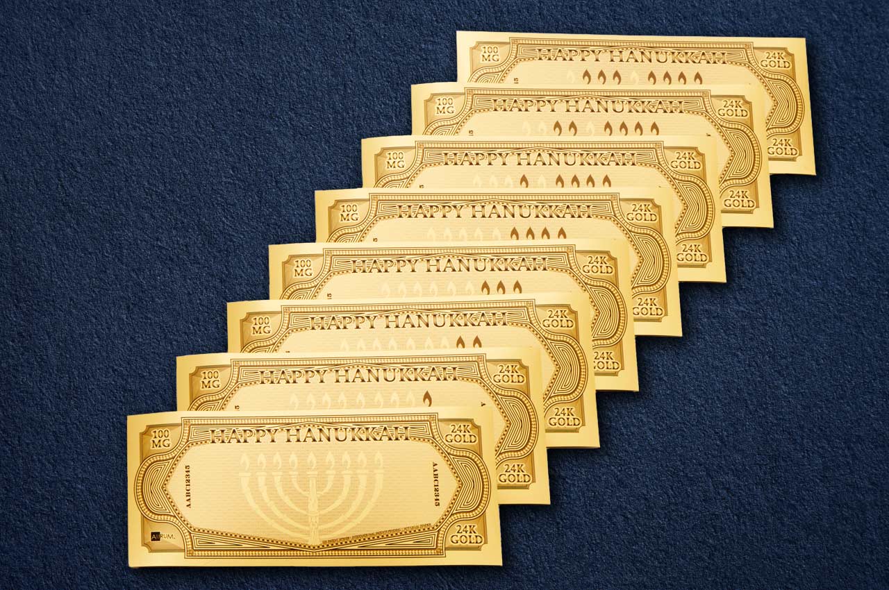happy Hanukkah menorah 8 pieces set of 24k 100mg gold aurum bills shown stacked
