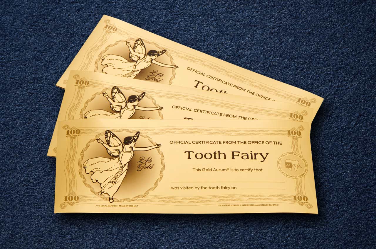 dentist and parent gift 24k gold aurum tooth fairy bills stacked and fanned out