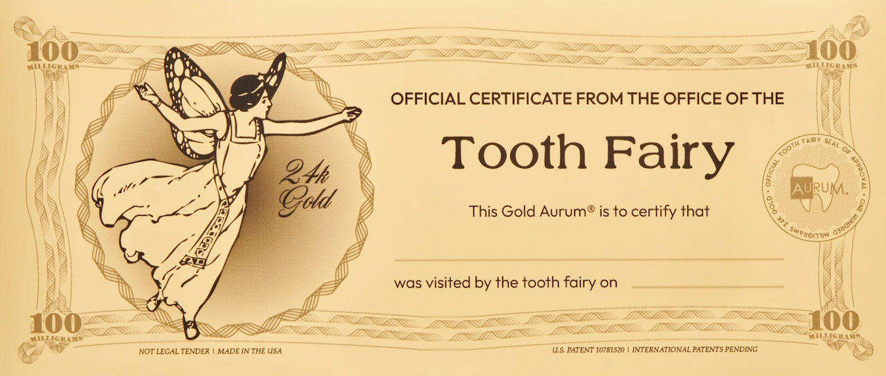 gold tooth fairy certificate aurum made with 100mg 24k pure gold obverse side