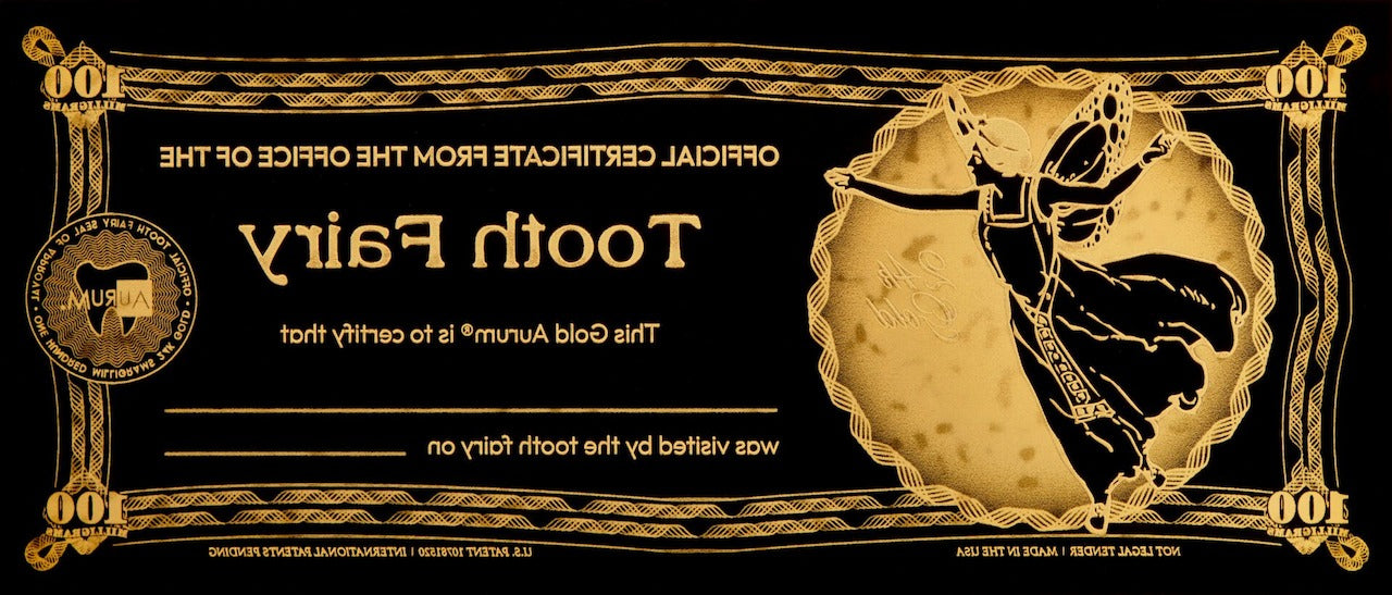 gold tooth fairy certificate aurum made with 100mg 24k pure gold reverse side