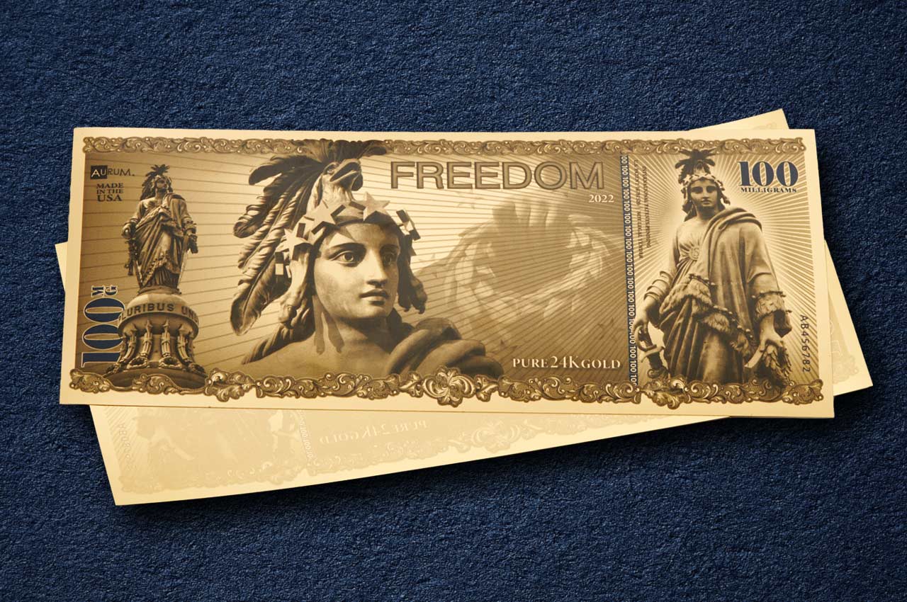Freedom aurum shown stacked front over back 24k 100mg gold bill