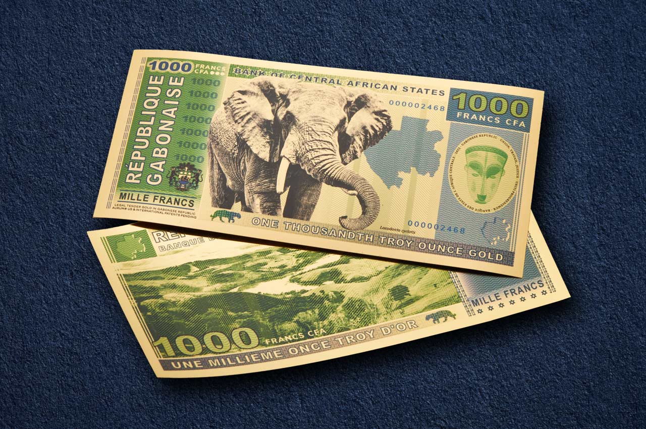 republique gabonaise 1000 fancs cfa bill special edition aurum gold backed currency showing obverse and reverse design featuring elephant