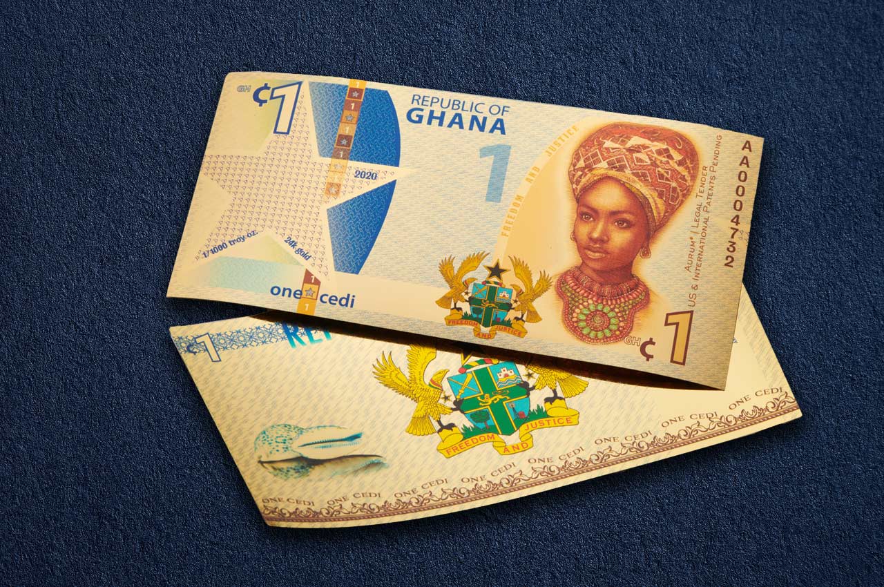 republic of ghana freedom 1 cedi bill special edition aurum gold backed currency showing obverse and reverse