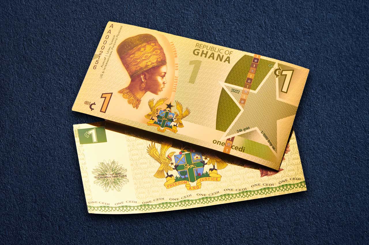 republic of ghana freedom 1 cedi bill special edition aurum gold backed currency showing obverse and reverse