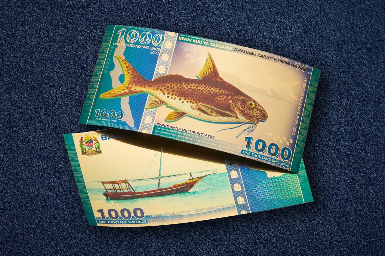 Tanzania 1000 shillings bill special edition aurum gold backed currency showing obverse and reverse