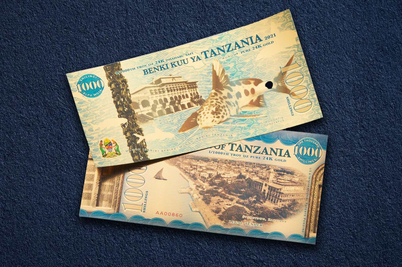 Tanzania 1000 shillings bill special edition aurum pure gold backed currency showing obverse and reverse