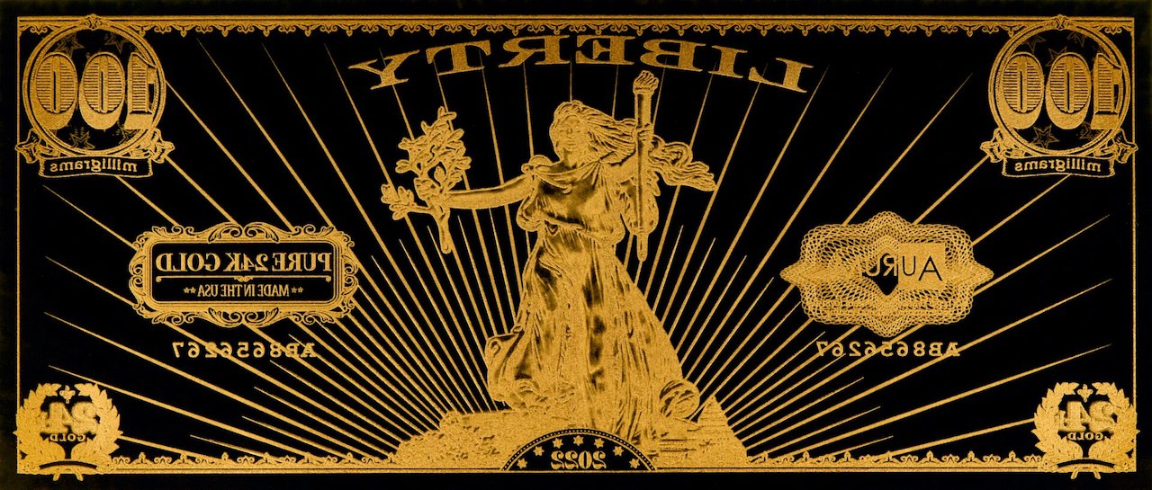 The liberty 100mg 24k gold aurum note made in the usa shown reverse side