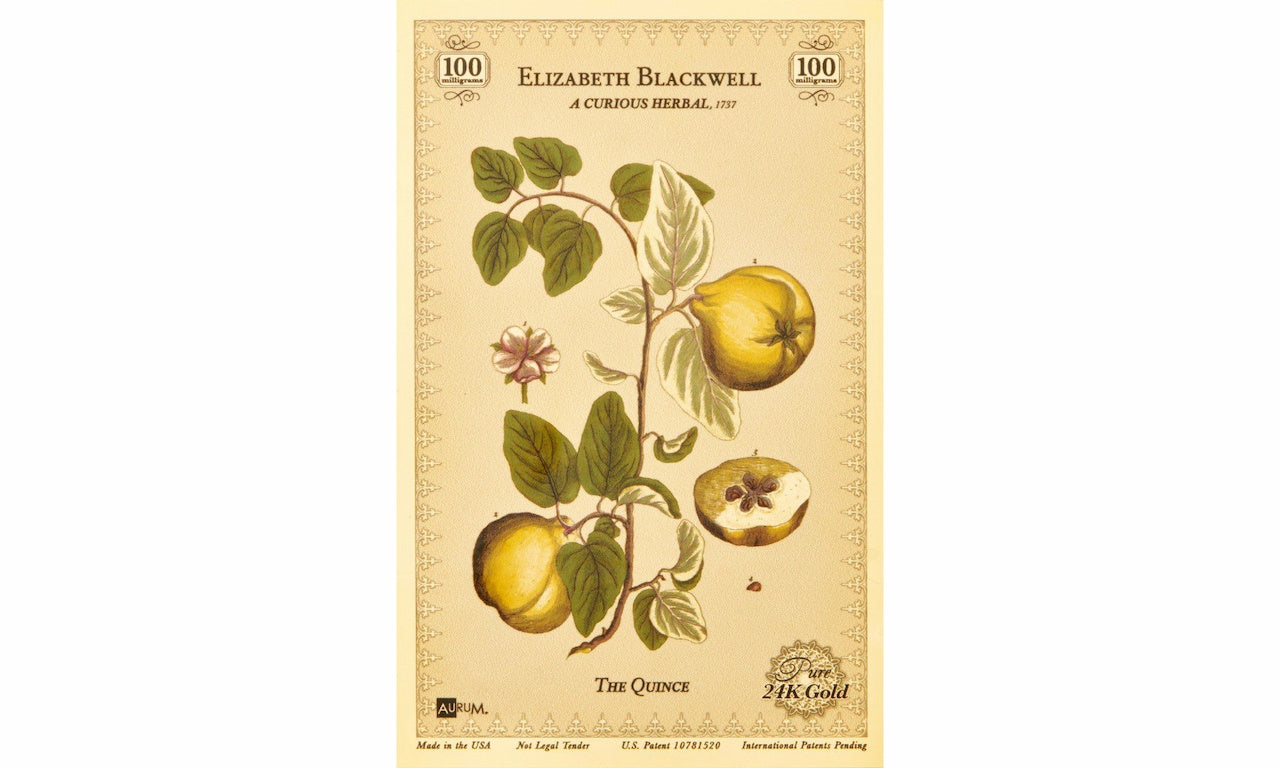 The elizabeth blackwell a curious herbal the quince a gold collectible card containing 100mg 24k gold