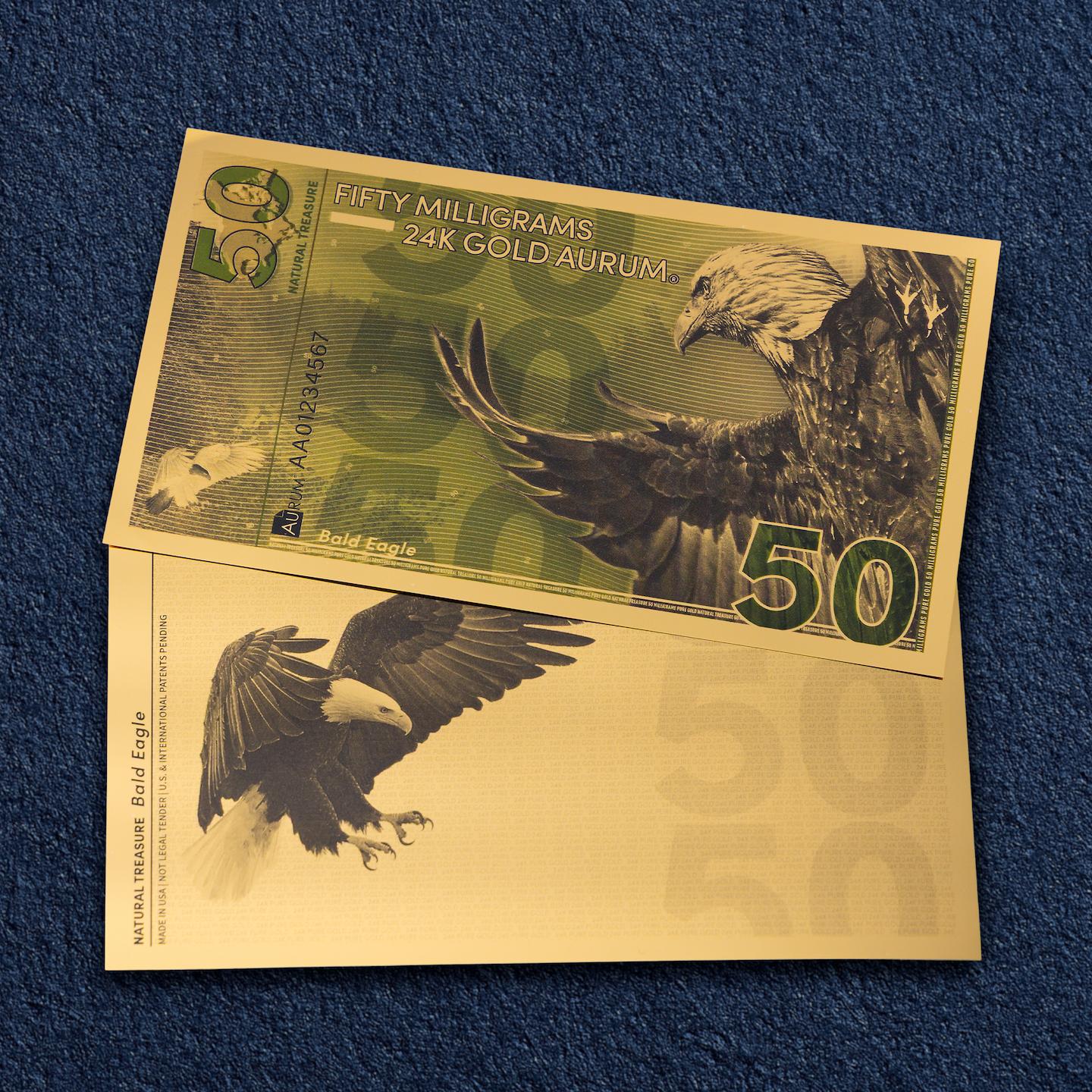 natural treasure bullion series 24k gold bill obverse and reverse of aurum 50mg note