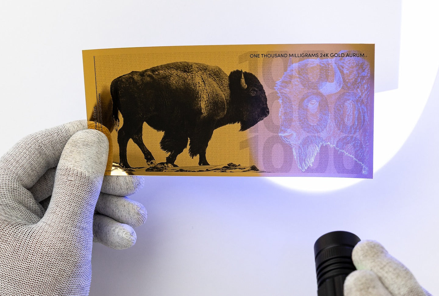a blacklight held at the center of a one gram gold aurum bill revealing the hidden UV design to the right the head of an american bison