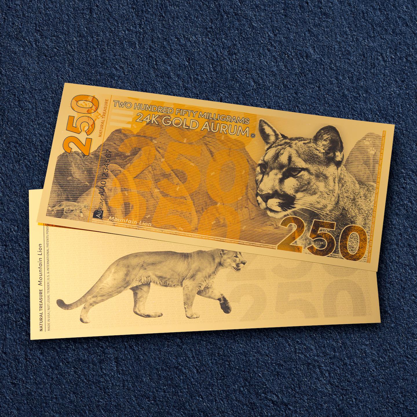 natural treasure bullion series 24k gold bill obverse and reverse of aurum 250mg note
