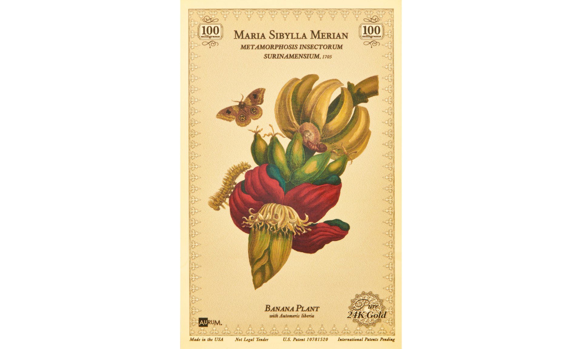 The Maria Sibylla Merian Metamorphosis Insectorum Surinamensium a banana plant a gold collectible card containing 100mg 24k gold