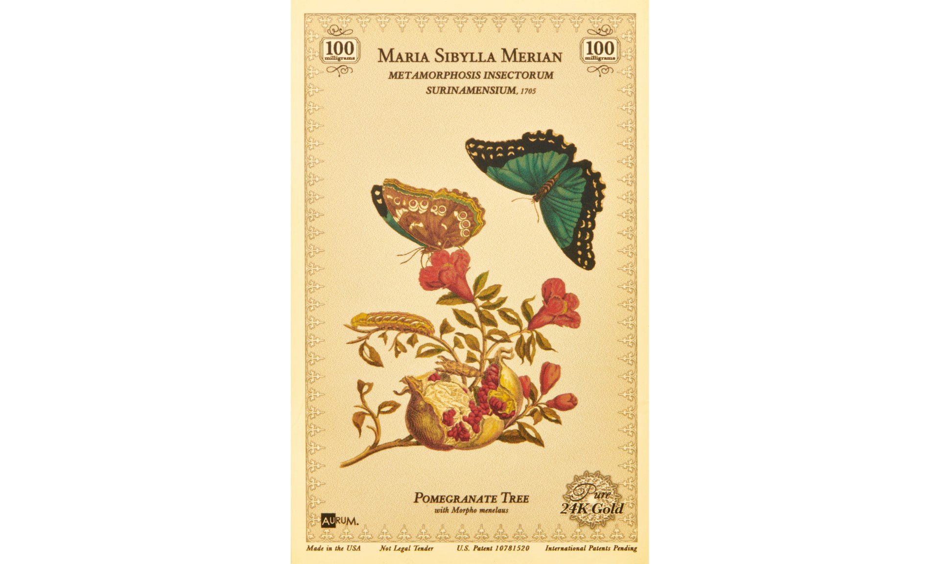 The Maria Sibylla Merian Metamorphosis Insectorum Surinamensium a pomegranate tree a gold collectible card containing 100mg 24k gold
