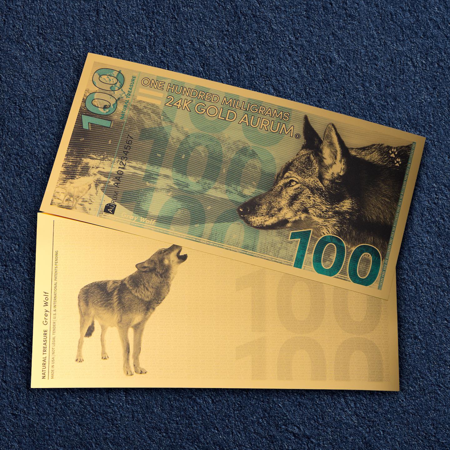 natural treasure bullion series 24k gold bill obverse and reverse of aurum 100mg note