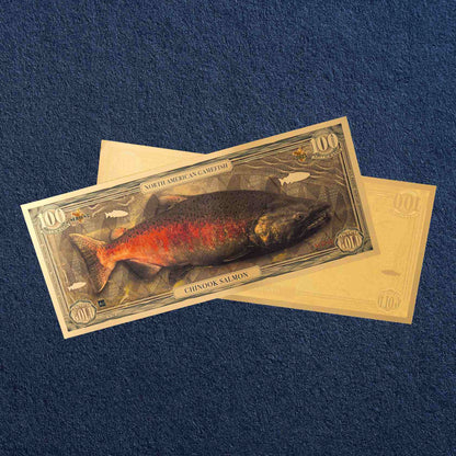 the chinook salmon north american gamefish bill with 100mg of 24k gold shown obverse over reverse