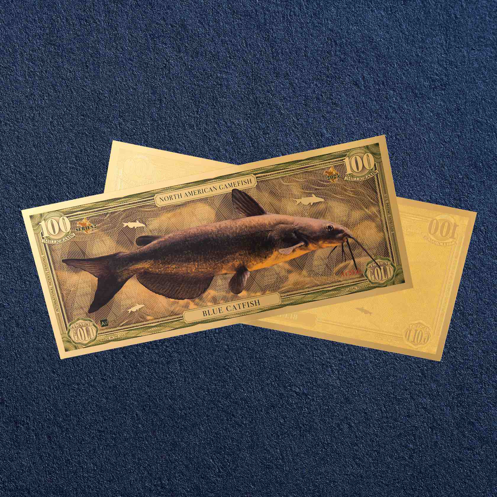 the blue catfish north american gamefish bill with 100mg of 24k gold shown obverse over reverse