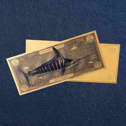 the blue marlin north american gamefish bill with 100mg of 24k gold shown obverse over reverse