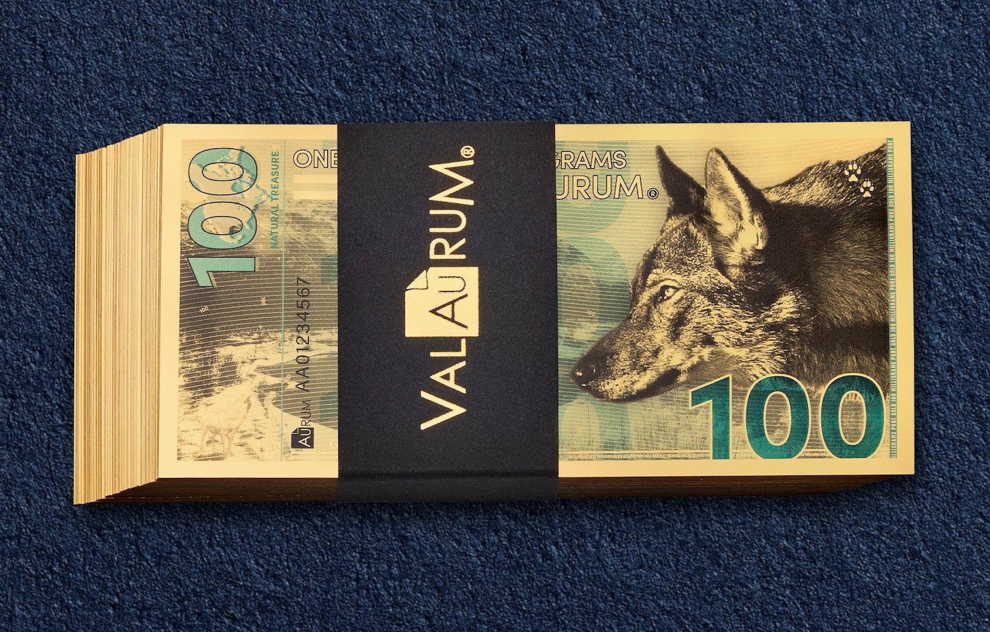 New! 100 Stack of Gray Wolf Aurum® 100mg (each) 24k Gold Bills Year 2025