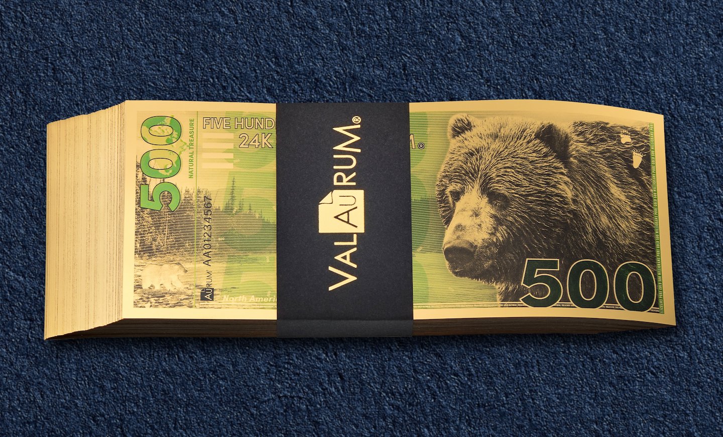 New! 100 Stack of Brown Bear Aurum® 500mg (each) 24k Gold Bills Year 2025
