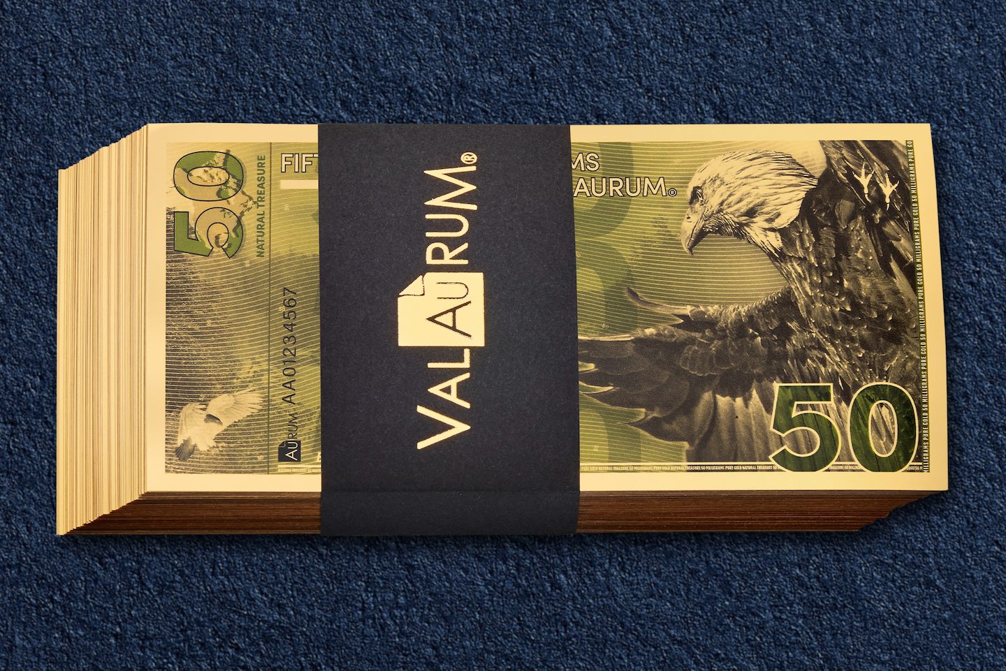 New! 100 Stack of Bald Eagle Aurum® 50mg (each) 24k Gold Bills Year 2025