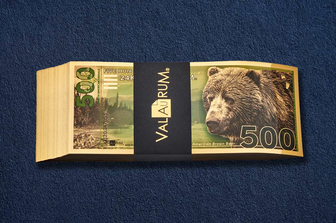 100 Stack of Brown Bear Aurum® 500mg (each) 24k Gold Bills